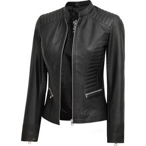 Women's Cafe Racer Style Real Leather Jackets Rachel Black Zipper Long Sleeves